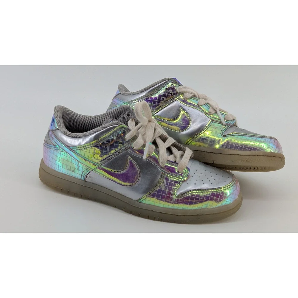 Nike Dunk Low Silver Iridescent Holographic Grid Sneakers Shoes 3Y Kids